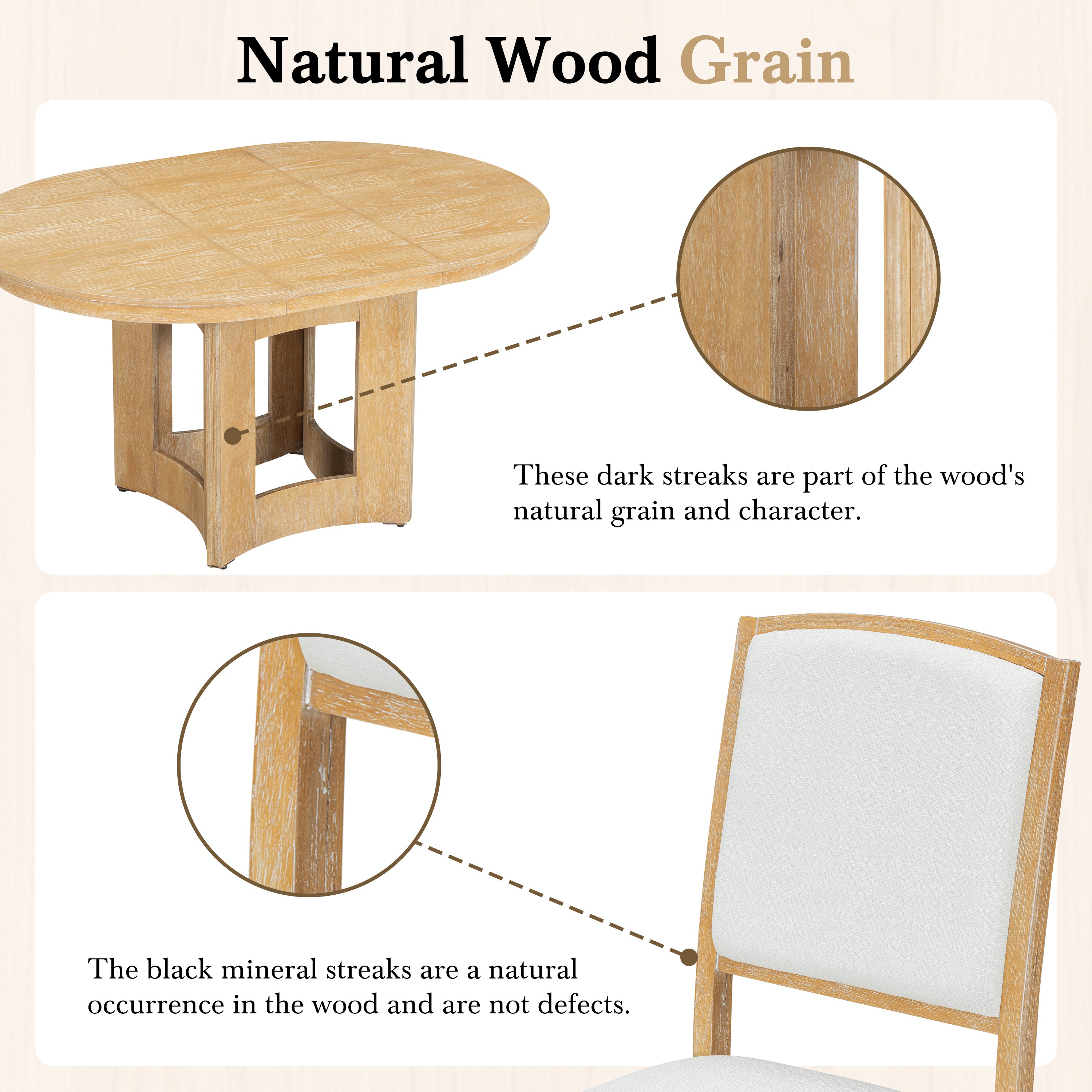 TOPMAX Farmhouse Extendable Round Dining Table Set for 4, 5-Piece Kitchen Table Set with 4 Upholstered Chairs and 16inch Removable Leaf for Small Places, Natural+Beige Dining Table Set