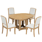TOPMAX Farmhouse Extendable Round Dining Table Set for 4, 5-Piece Kitchen Table Set with 4 Upholstered Chairs and 16inch Removable Leaf for Small Places, Natural+Beige Dining Table Set
