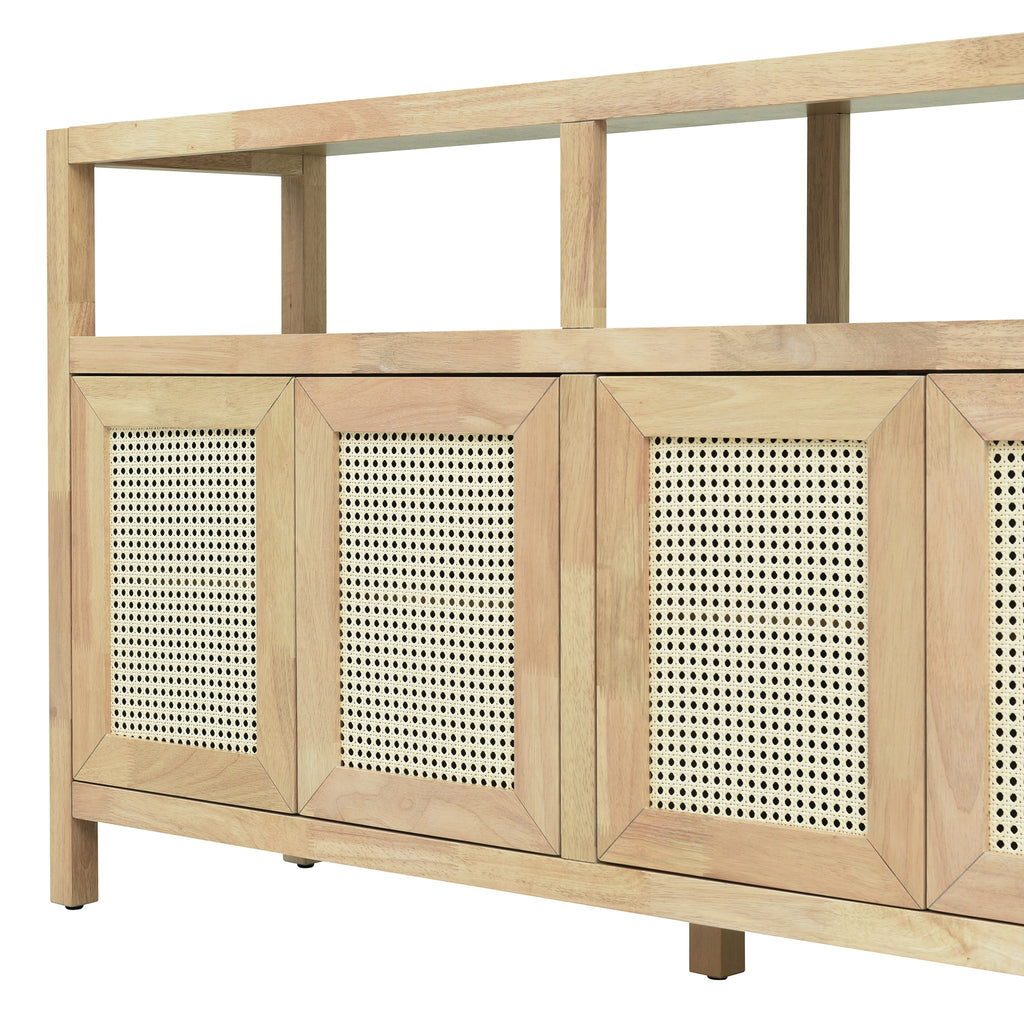 TREXM Bohemian Style Rattan Buffet Storage Cabinet with Solid Wood Frame, Sideboard with 3-position Adjustable Shelves for Living & Dining Rooms, No-Handle Push-to-Open Design (Natural)