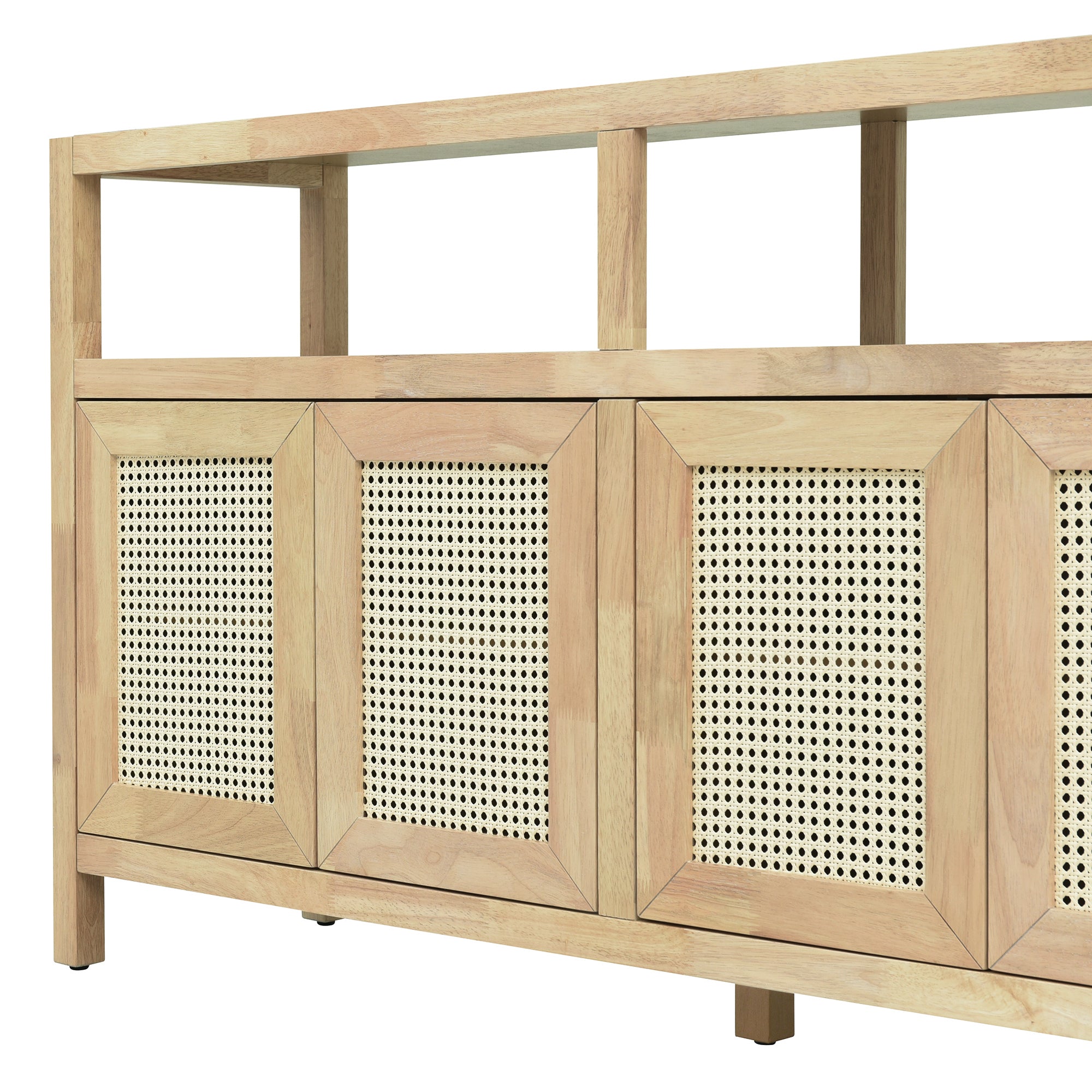 TREXM Bohemian Style Rattan Buffet Storage Cabinet with Solid Wood Frame, Sideboard with 3-position Adjustable Shelves for Living & Dining Rooms, No-Handle Push-to-Open Design (Natural)