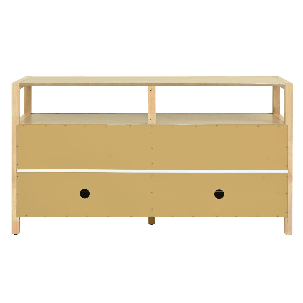 TREXM Bohemian Style Rattan Buffet Storage Cabinet with Solid Wood Frame, Sideboard with 3-position Adjustable Shelves for Living & Dining Rooms, No-Handle Push-to-Open Design (Natural)