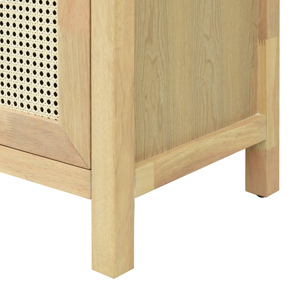 TREXM Bohemian Style Rattan Buffet Storage Cabinet with Solid Wood Frame, Sideboard with 3-position Adjustable Shelves for Living & Dining Rooms, No-Handle Push-to-Open Design (Natural)
