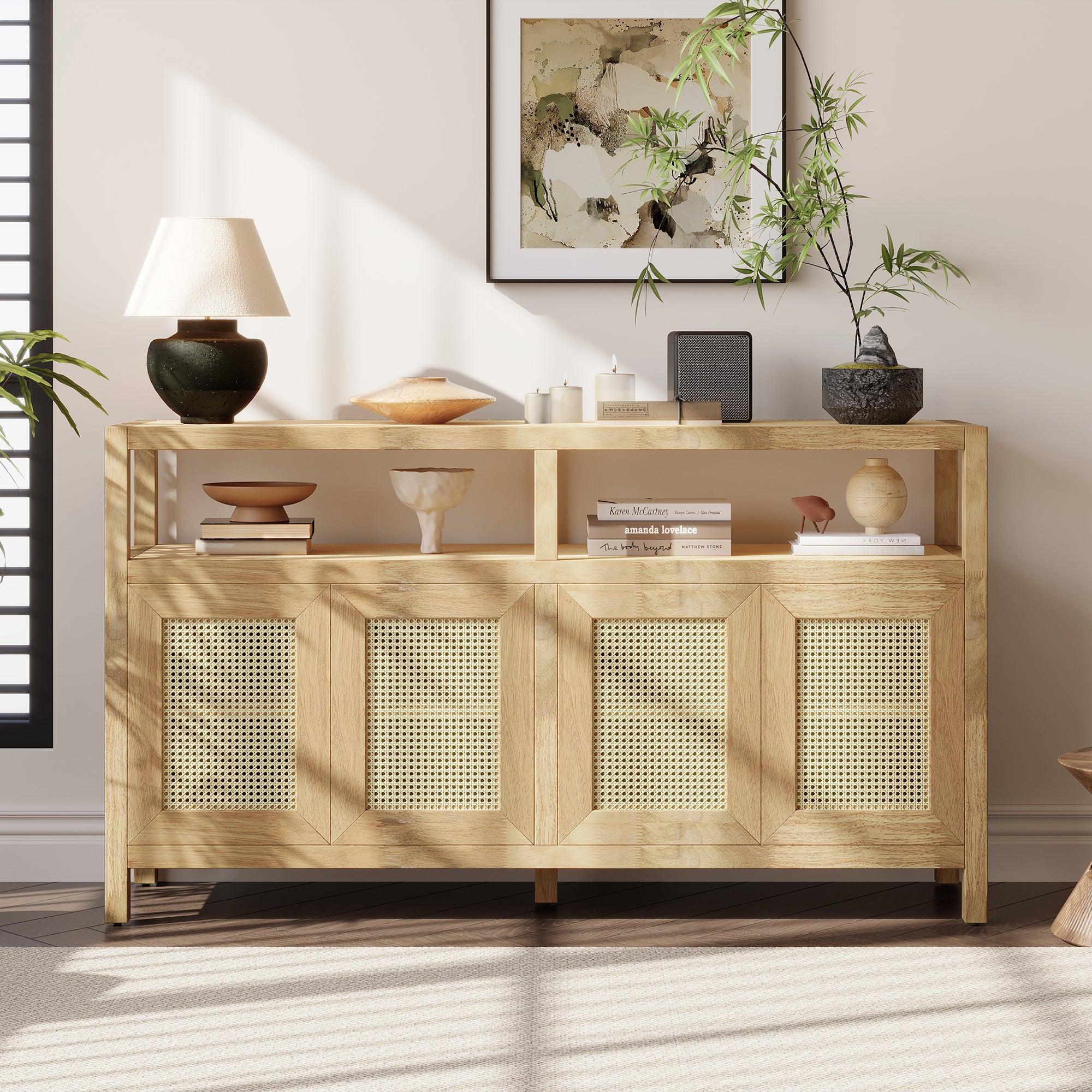 TREXM Bohemian Style Rattan Buffet Storage Cabinet with Solid Wood Frame, Sideboard with 3-position Adjustable Shelves for Living & Dining Rooms, No-Handle Push-to-Open Design (Natural)