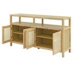 TREXM Bohemian Style Rattan Buffet Storage Cabinet with Solid Wood Frame, Sideboard with 3-position Adjustable Shelves for Living & Dining Rooms, No-Handle Push-to-Open Design (Natural)