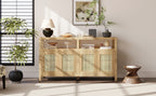 TREXM Bohemian Style Rattan Buffet Storage Cabinet with Solid Wood Frame, Sideboard with 3-position Adjustable Shelves for Living & Dining Rooms, No-Handle Push-to-Open Design (Natural)
