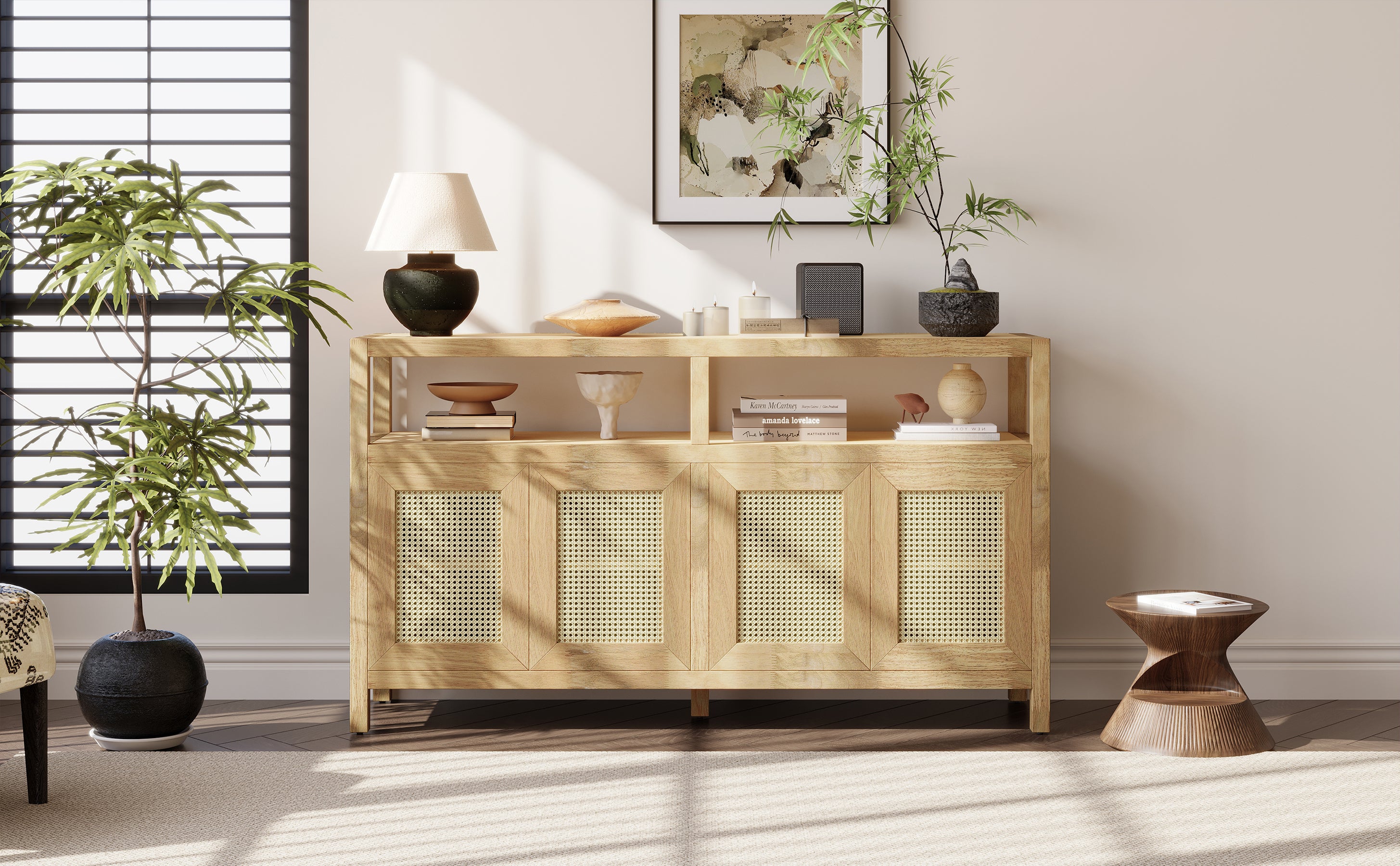 TREXM Bohemian Style Rattan Buffet Storage Cabinet with Solid Wood Frame, Sideboard with 3-position Adjustable Shelves for Living & Dining Rooms, No-Handle Push-to-Open Design (Natural)