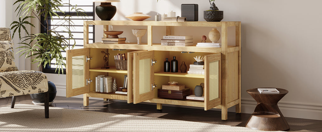 TREXM Bohemian Style Rattan Buffet Storage Cabinet with Solid Wood Frame, Sideboard with 3-position Adjustable Shelves for Living & Dining Rooms, No-Handle Push-to-Open Design (Natural)