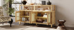 TREXM Bohemian Style Rattan Buffet Storage Cabinet with Solid Wood Frame, Sideboard with 3-position Adjustable Shelves for Living & Dining Rooms, No-Handle Push-to-Open Design (Natural)