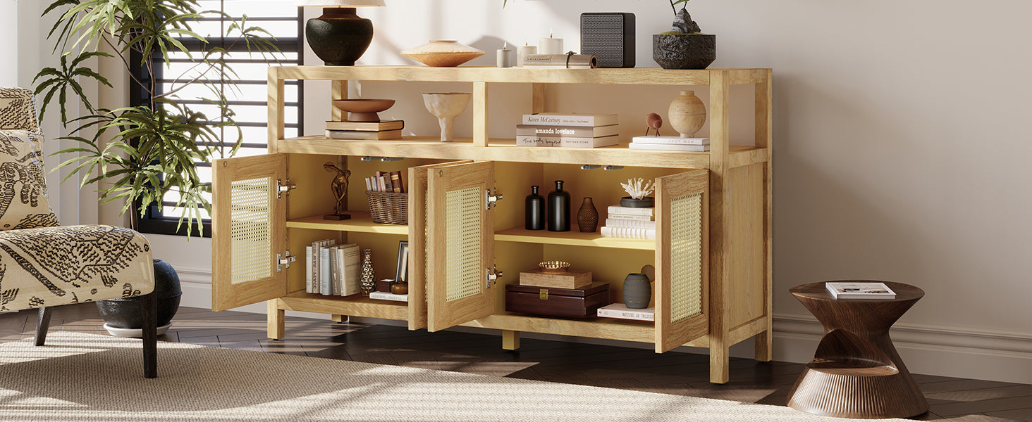 TREXM Bohemian Style Rattan Buffet Storage Cabinet with Solid Wood Frame, Sideboard with 3-position Adjustable Shelves for Living & Dining Rooms, No-Handle Push-to-Open Design (Natural)