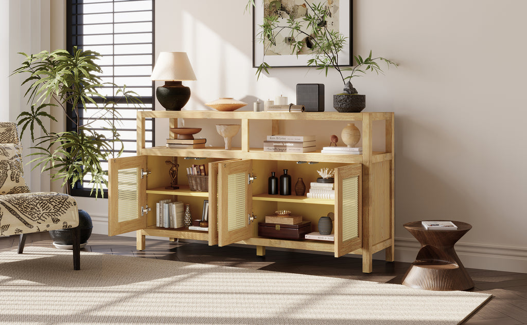 TREXM Bohemian Style Rattan Buffet Storage Cabinet with Solid Wood Frame, Sideboard with 3-position Adjustable Shelves for Living & Dining Rooms, No-Handle Push-to-Open Design (Natural)