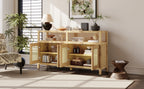 TREXM Bohemian Style Rattan Buffet Storage Cabinet with Solid Wood Frame, Sideboard with 3-position Adjustable Shelves for Living & Dining Rooms, No-Handle Push-to-Open Design (Natural)