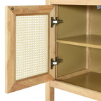 TREXM Bohemian Style Rattan Buffet Storage Cabinet with Solid Wood Frame, Sideboard with 3-position Adjustable Shelves for Living & Dining Rooms, No-Handle Push-to-Open Design (Natural)