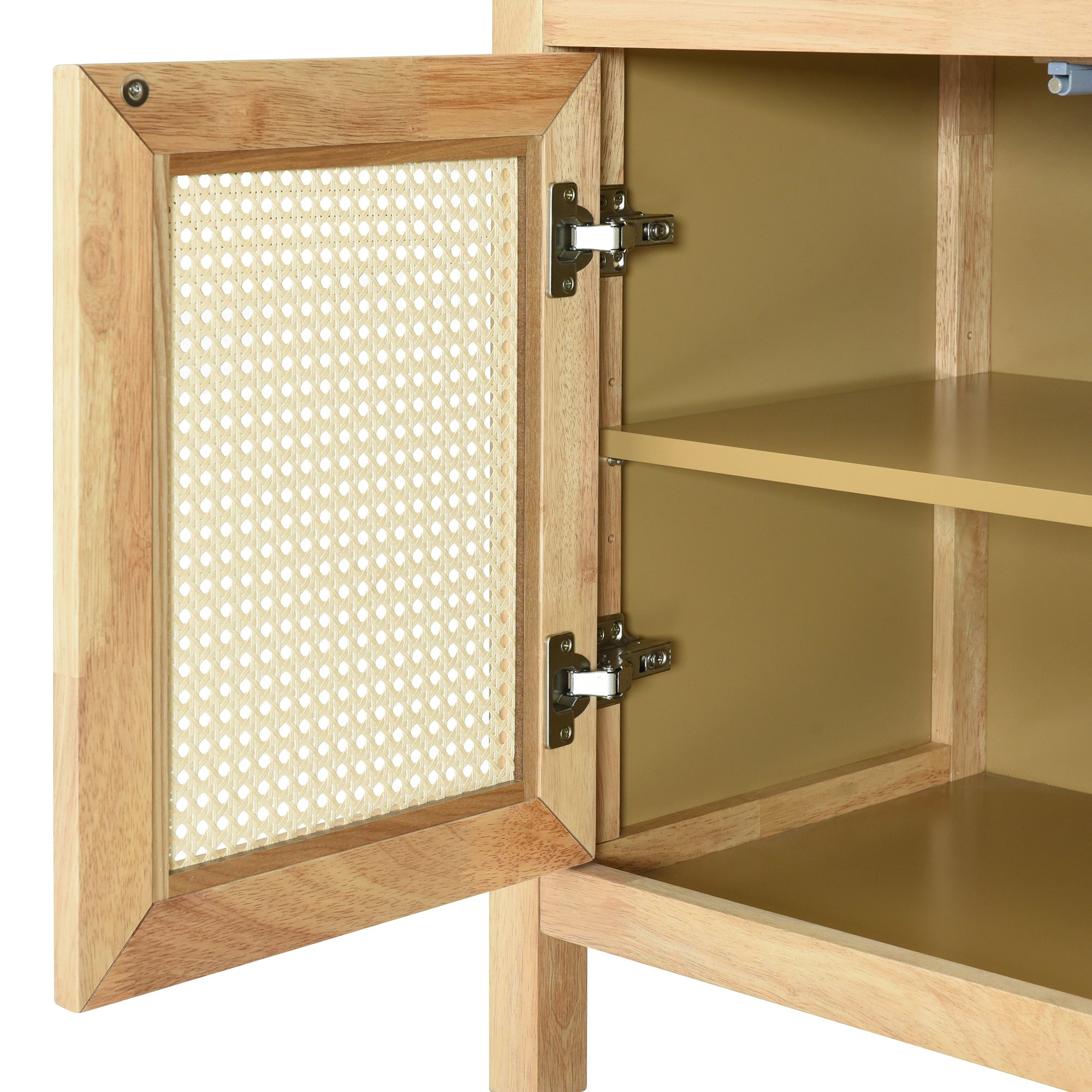 TREXM Bohemian Style Rattan Buffet Storage Cabinet with Solid Wood Frame, Sideboard with 3-position Adjustable Shelves for Living & Dining Rooms, No-Handle Push-to-Open Design (Natural)