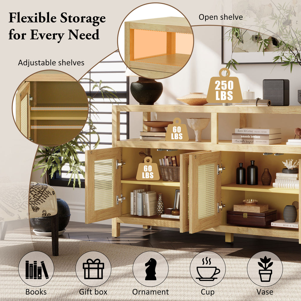 TREXM Bohemian Style Rattan Buffet Storage Cabinet with Solid Wood Frame, Sideboard with 3-position Adjustable Shelves for Living & Dining Rooms, No-Handle Push-to-Open Design (Natural)