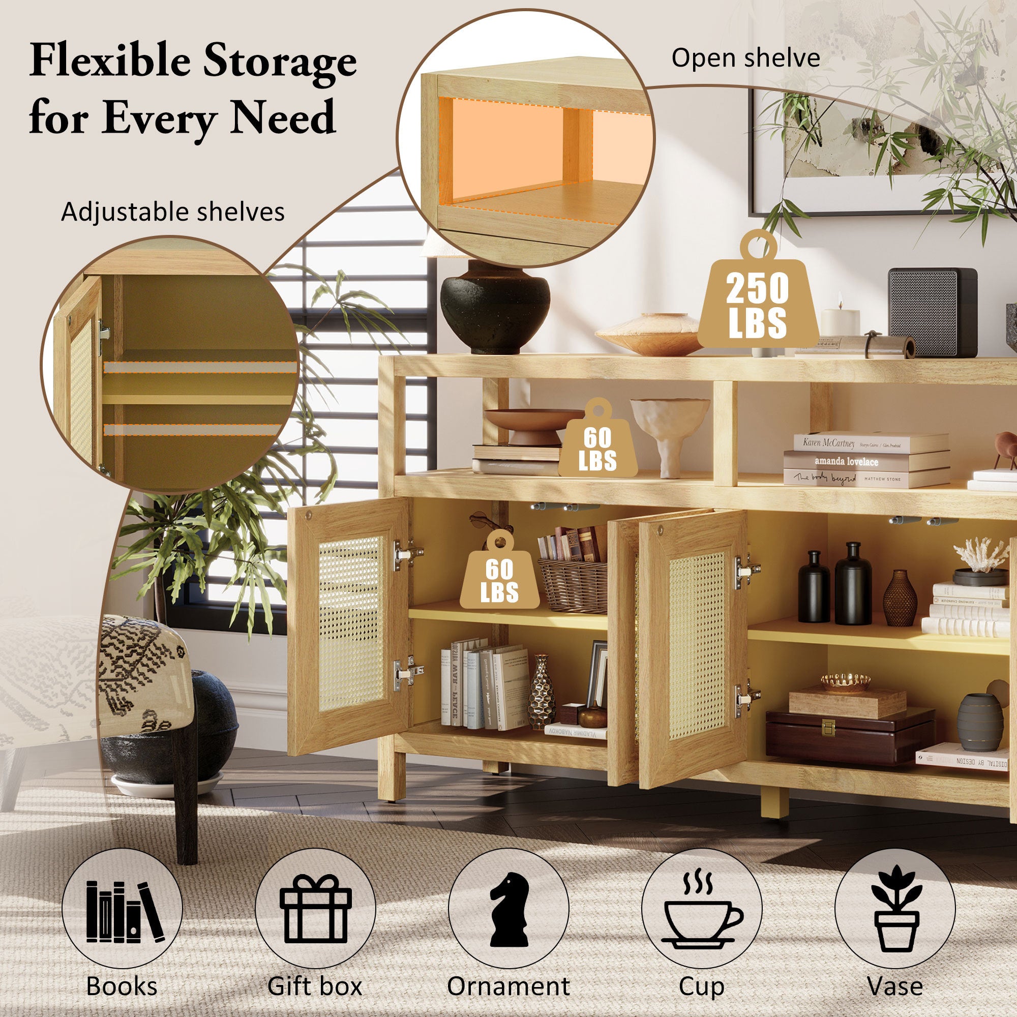 TREXM Bohemian Style Rattan Buffet Storage Cabinet with Solid Wood Frame, Sideboard with 3-position Adjustable Shelves for Living & Dining Rooms, No-Handle Push-to-Open Design (Natural)