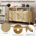 TREXM Bohemian Style Rattan Buffet Storage Cabinet with Solid Wood Frame, Sideboard with 3-position Adjustable Shelves for Living & Dining Rooms, No-Handle Push-to-Open Design (Natural)