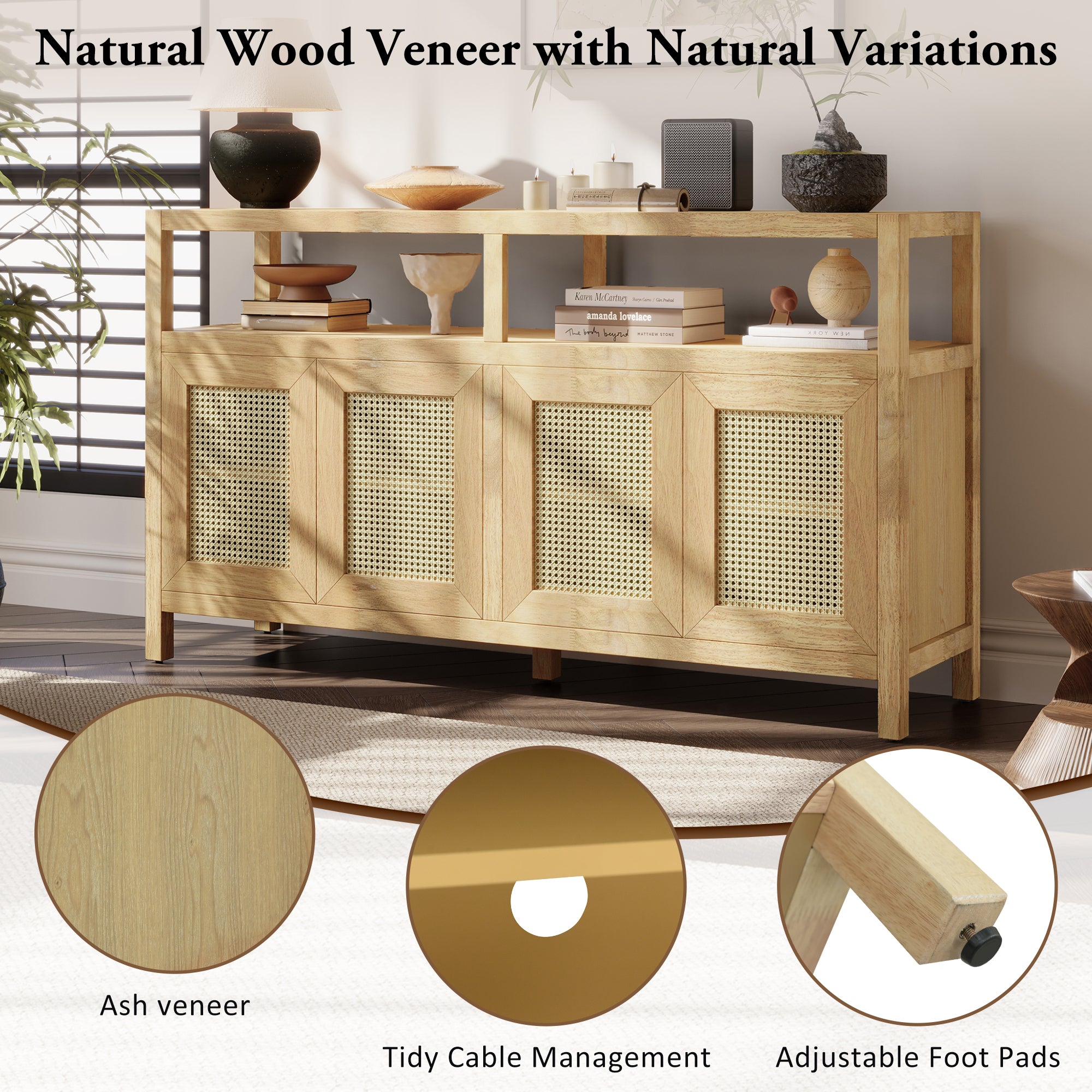 TREXM Bohemian Style Rattan Buffet Storage Cabinet with Solid Wood Frame, Sideboard with 3-position Adjustable Shelves for Living & Dining Rooms, No-Handle Push-to-Open Design (Natural)