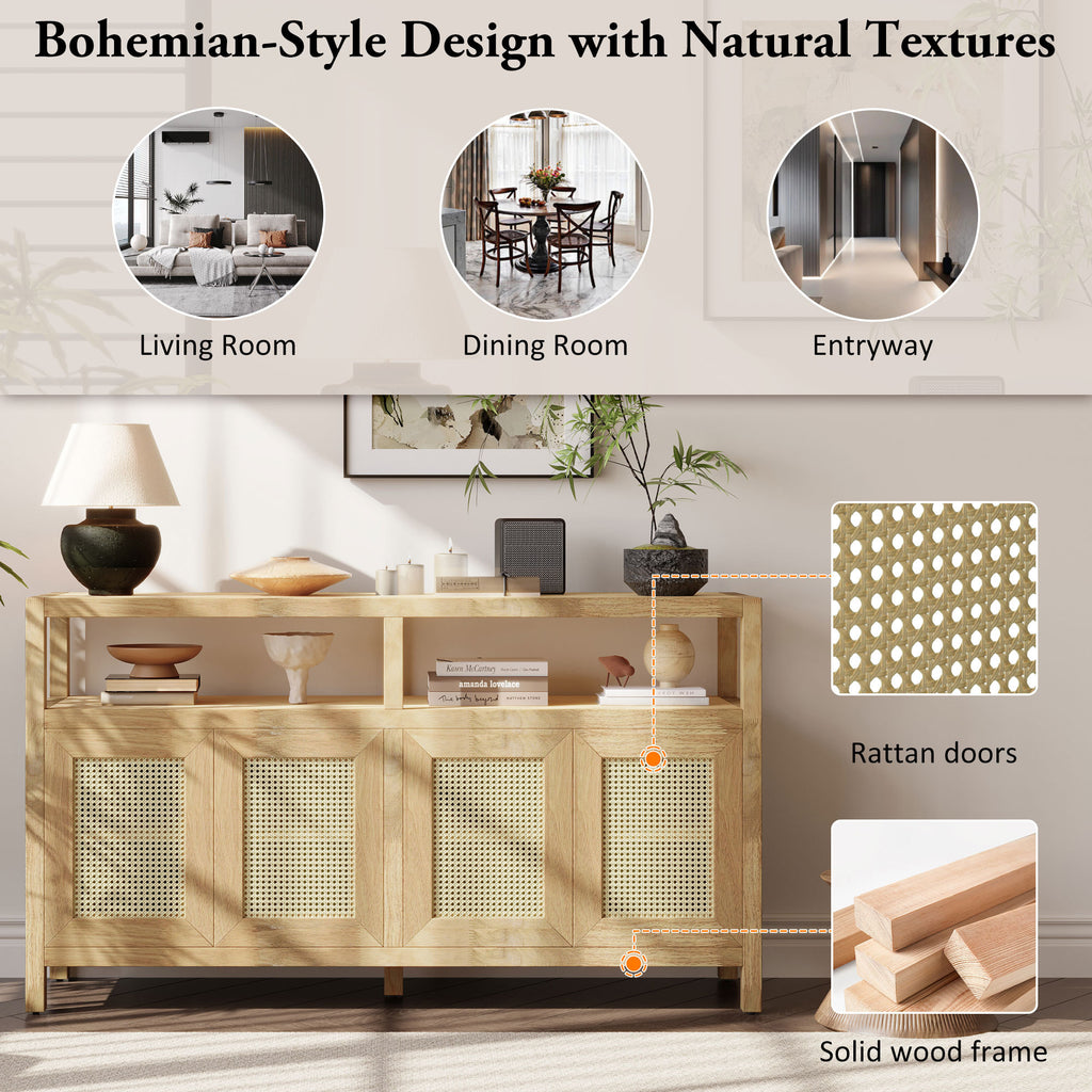 TREXM Bohemian Style Rattan Buffet Storage Cabinet with Solid Wood Frame, Sideboard with 3-position Adjustable Shelves for Living & Dining Rooms, No-Handle Push-to-Open Design (Natural)