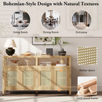 TREXM Bohemian Style Rattan Buffet Storage Cabinet with Solid Wood Frame, Sideboard with 3-position Adjustable Shelves for Living & Dining Rooms, No-Handle Push-to-Open Design (Natural)
