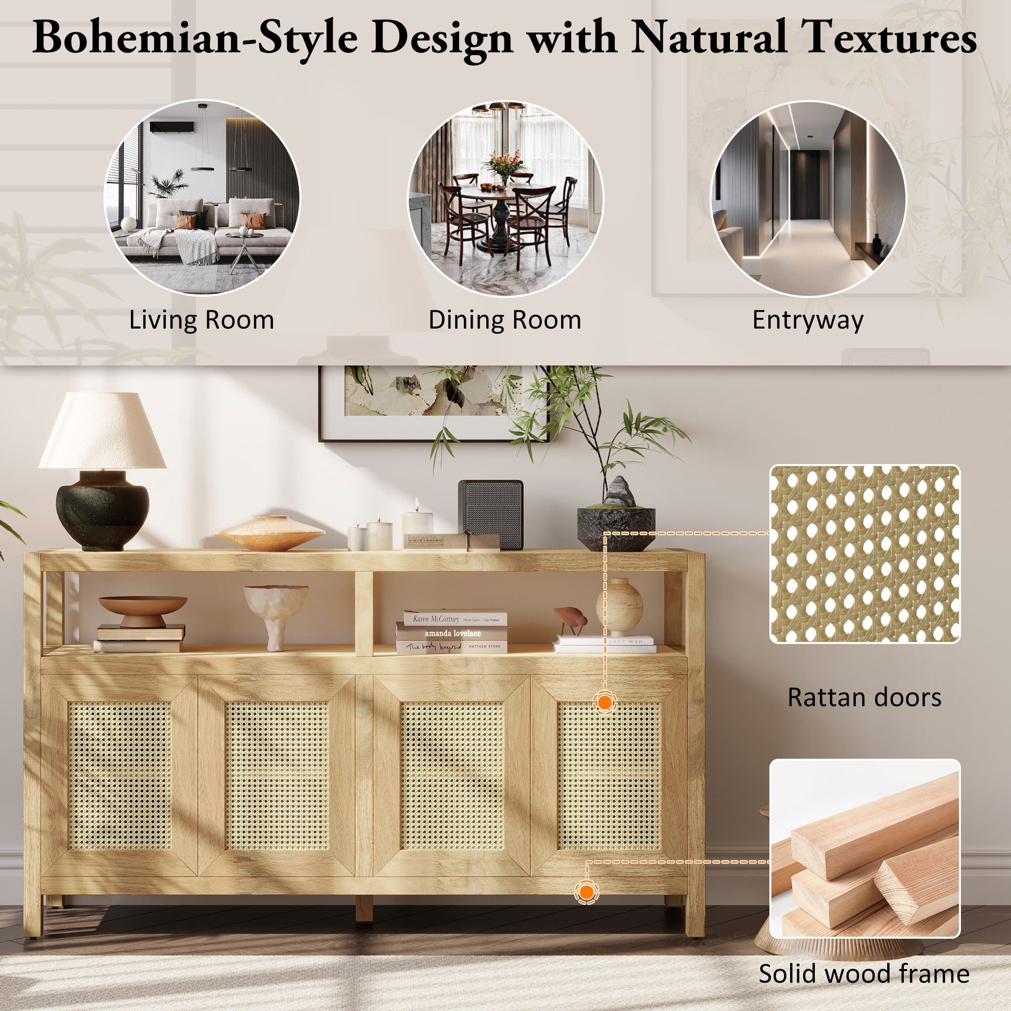 TREXM Bohemian Style Rattan Buffet Storage Cabinet with Solid Wood Frame, Sideboard with 3-position Adjustable Shelves for Living & Dining Rooms, No-Handle Push-to-Open Design (Natural)