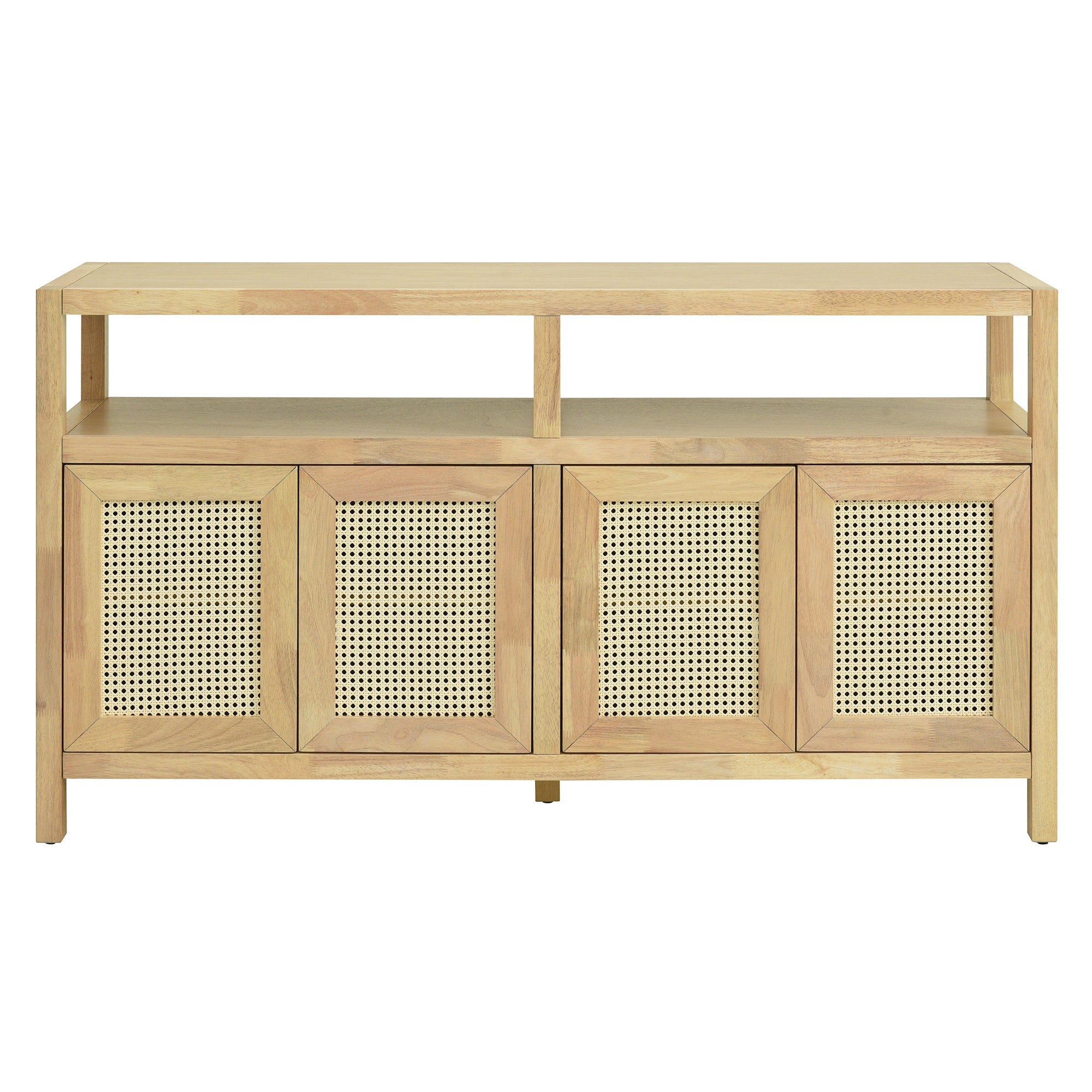 TREXM Bohemian Style Rattan Buffet Storage Cabinet with Solid Wood Frame, Sideboard with 3-position Adjustable Shelves for Living & Dining Rooms, No-Handle Push-to-Open Design (Natural)