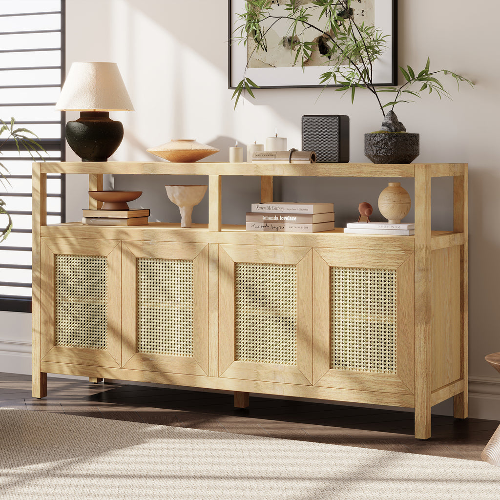 TREXM Bohemian Style Rattan Buffet Storage Cabinet with Solid Wood Frame, Sideboard with 3-position Adjustable Shelves for Living & Dining Rooms, No-Handle Push-to-Open Design (Natural)