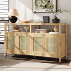 TREXM Bohemian Style Rattan Buffet Storage Cabinet with Solid Wood Frame, Sideboard with 3-position Adjustable Shelves for Living & Dining Rooms, No-Handle Push-to-Open Design (Natural)