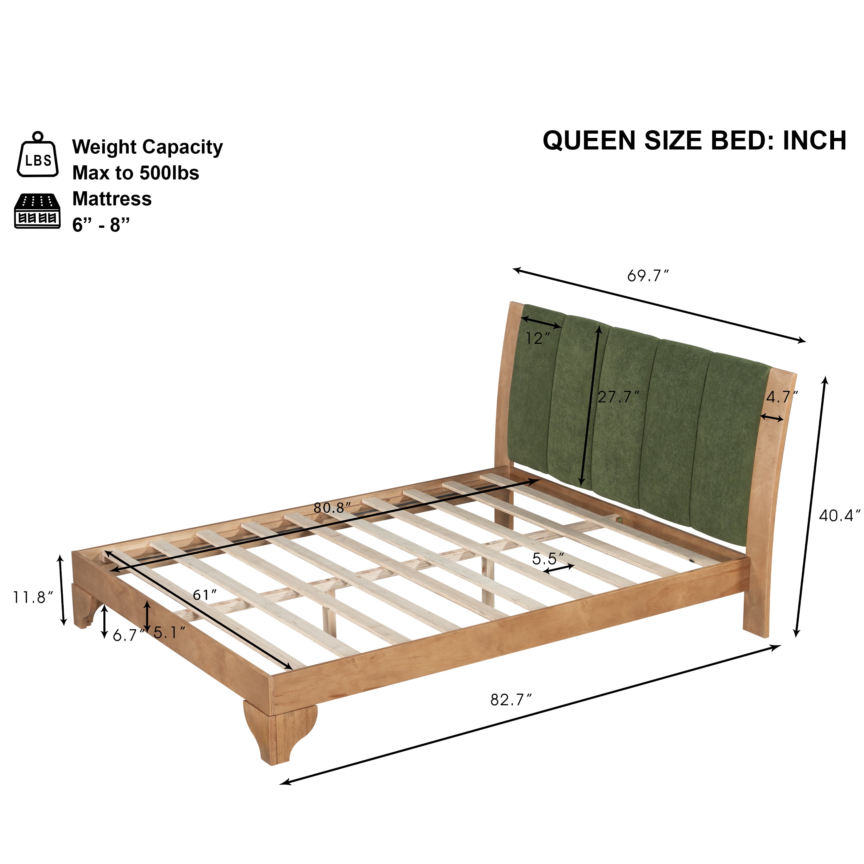 Premium Pine Wood Queen Bed Frame,Queen Size Bed Frame with Headboard Included,Mid Century Modern Bed,Natural&Green Color Bed Frame