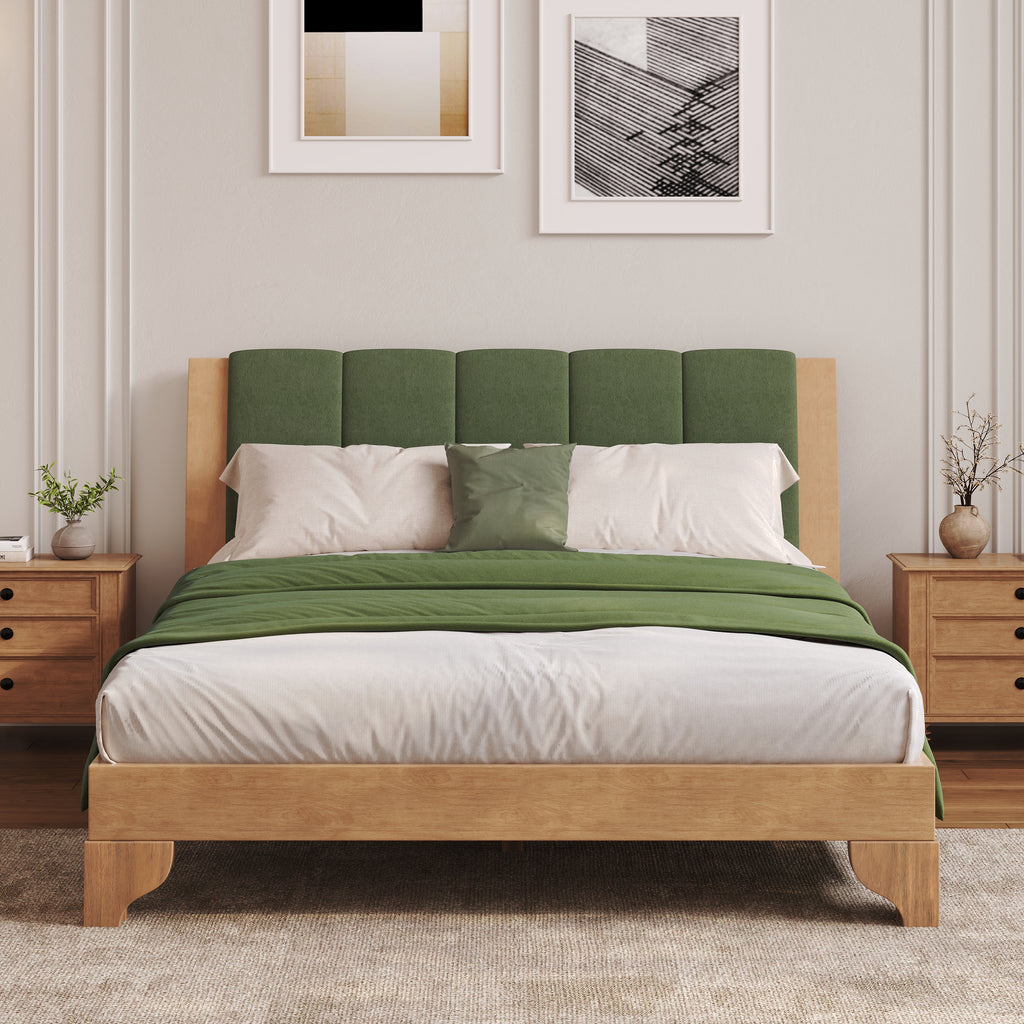 Premium Pine Wood Queen Bed Frame,Queen Size Bed Frame with Headboard Included,Mid Century Modern Bed,Natural&Green Color Bed Frame