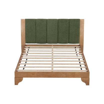 Premium Pine Wood Queen Bed Frame,Queen Size Bed Frame with Headboard Included,Mid Century Modern Bed,Natural&Green Color Bed Frame
