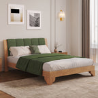 Premium Pine Wood Queen Bed Frame,Queen Size Bed Frame with Headboard Included,Mid Century Modern Bed,Natural&Green Color Bed Frame