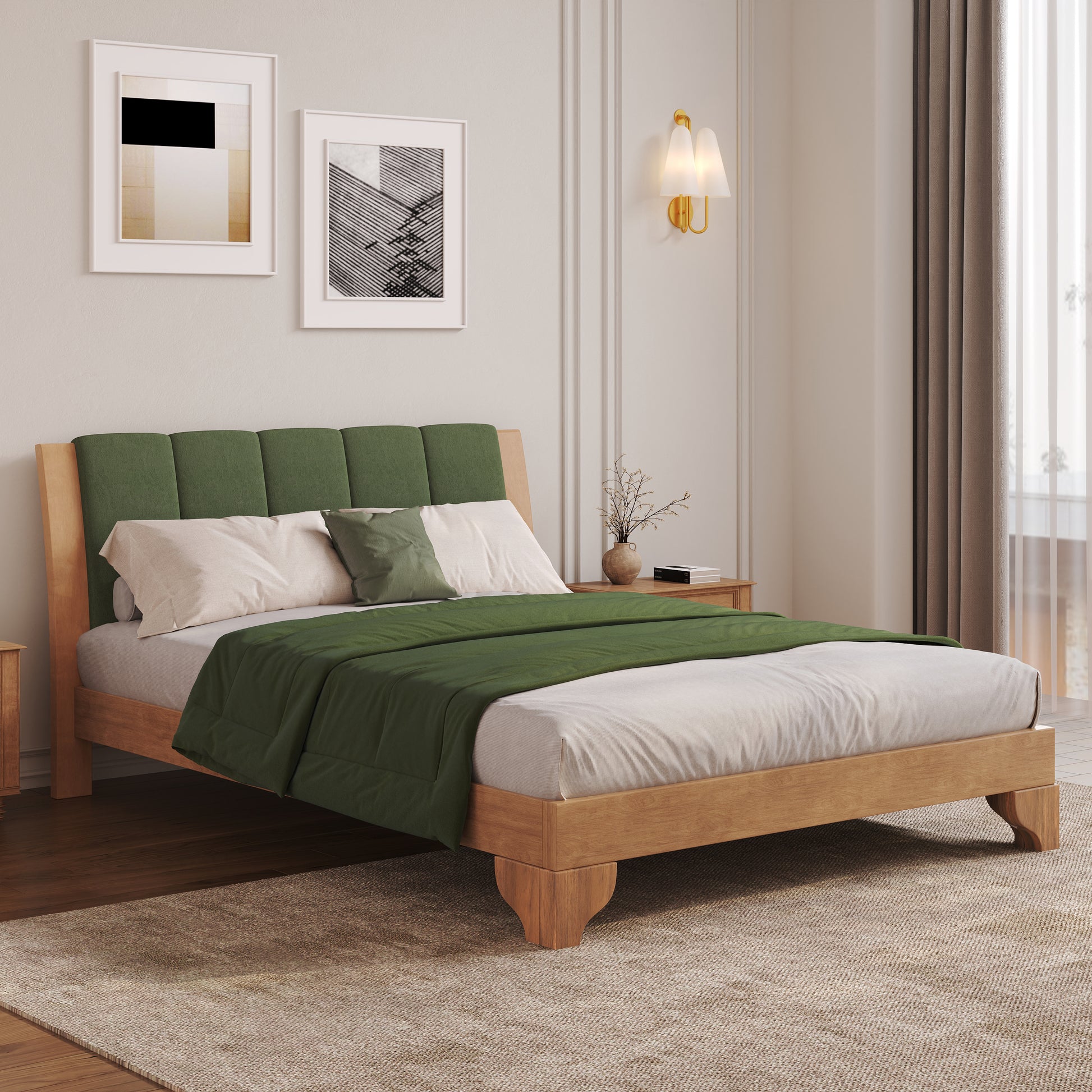 Premium Pine Wood Queen Bed Frame,Queen Size Bed Frame with Headboard Included,Mid Century Modern Bed,Natural&Green Color Bed Frame