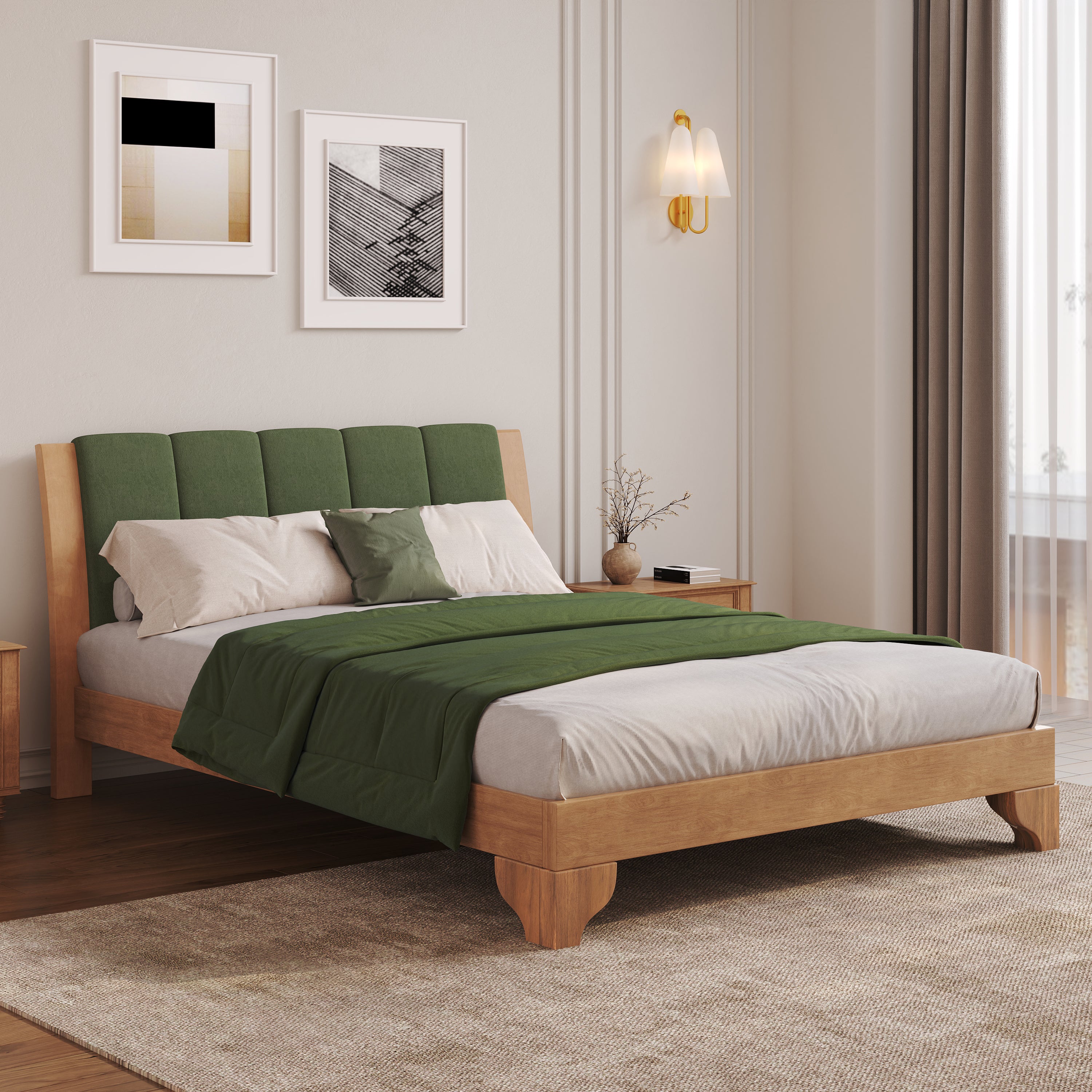 Premium Pine Wood Queen Bed Frame,Queen Size Bed Frame with Headboard Included,Mid Century Modern Bed,Natural&Green Color Bed Frame