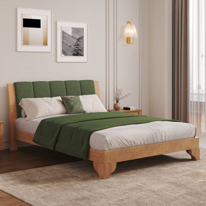 Premium Pine Wood Queen Bed Frame,Queen Size Bed Frame with Headboard Included,Mid Century Modern Bed,Natural&Green Color Bed Frame