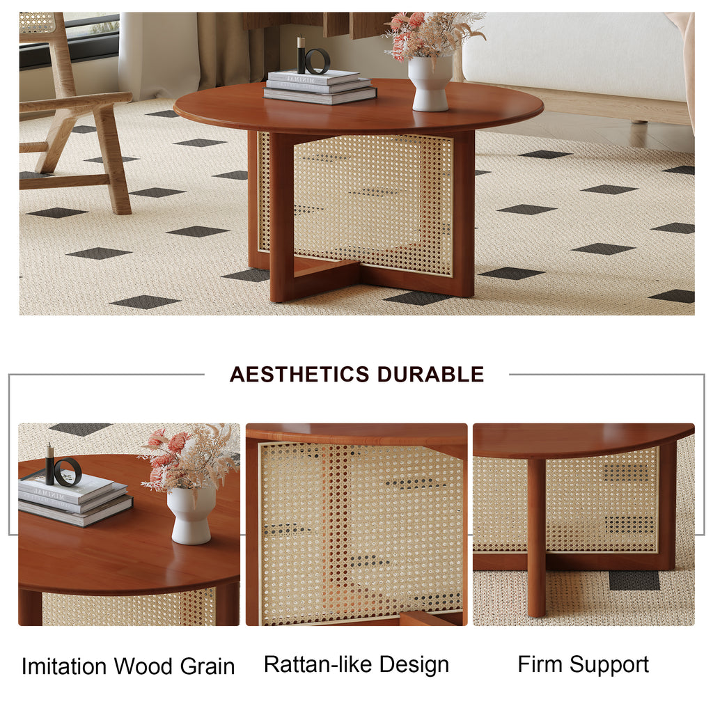 A natural and elegant deep red wooden coffee table with artificial rattan decorations, perfect for a fashionable living room and comfortable tea drinking time