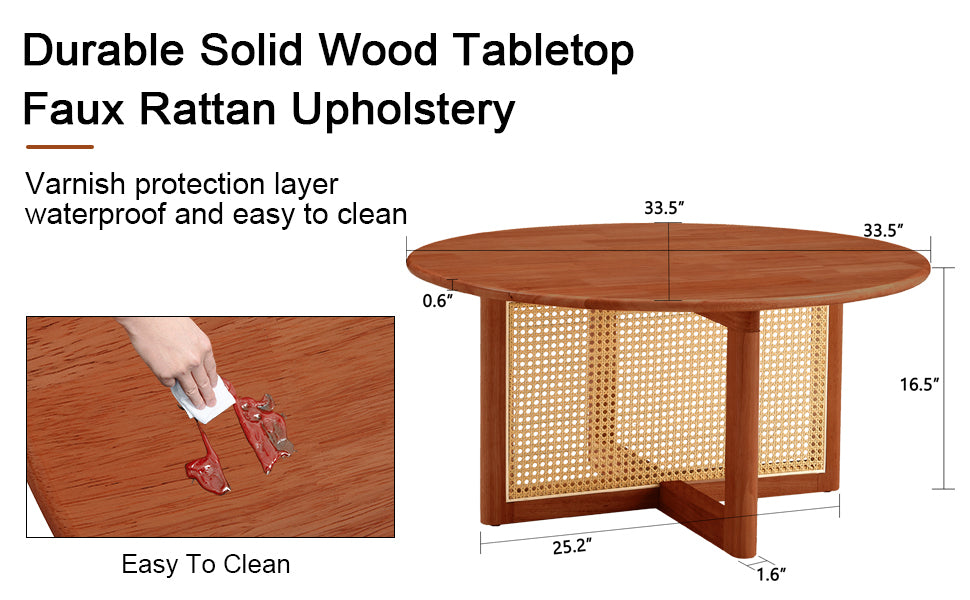 A natural and elegant deep red wooden coffee table with artificial rattan decorations, perfect for a fashionable living room and comfortable tea drinking time