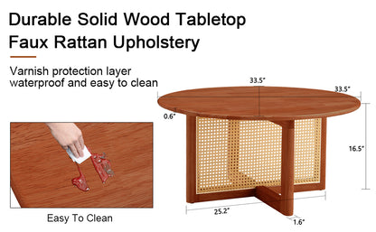 A natural and elegant deep red wooden coffee table with artificial rattan decorations, perfect for a fashionable living room and comfortable tea drinking time