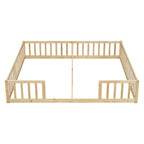 Double Twin Floor Bed with Fence, Guardrails, without door, Natural