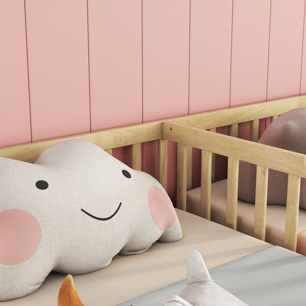 Double Twin Floor Bed with Fence, Guardrails, without door, Natural