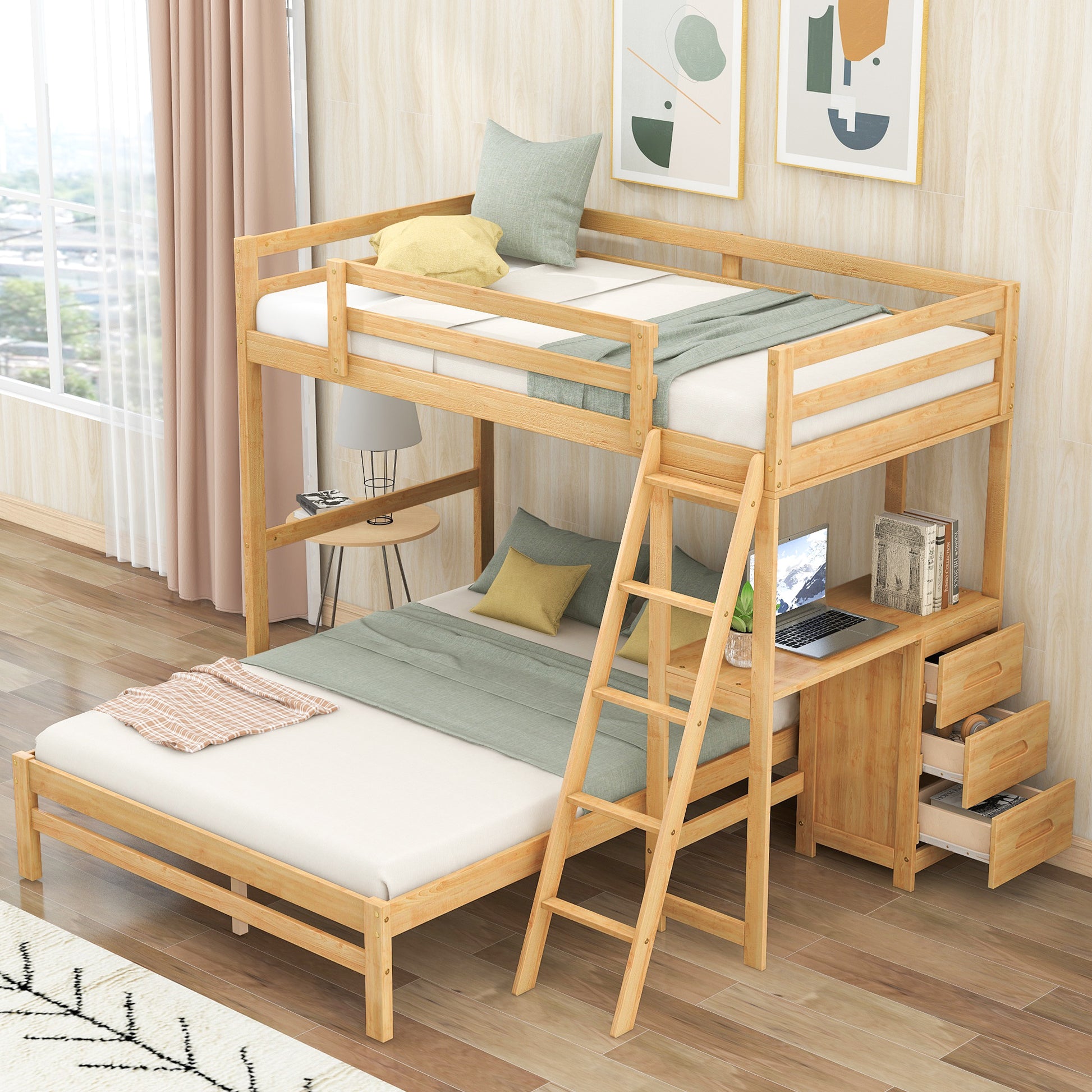 Twin over Full Bunk Bed with Built-in Desk and Three Drawers,Natural(old sku: SM000709AAD)