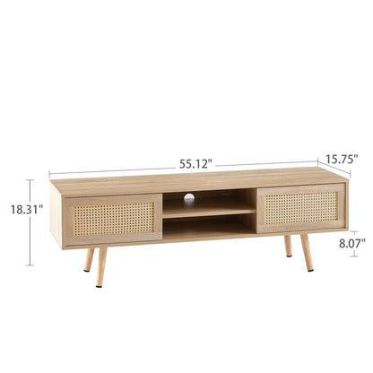 55.12" Rattan TV cabinet, double sliding doors for storage, adjustable shelf, solid wood legs, TV console for living room ,natural - Groovy Boardz