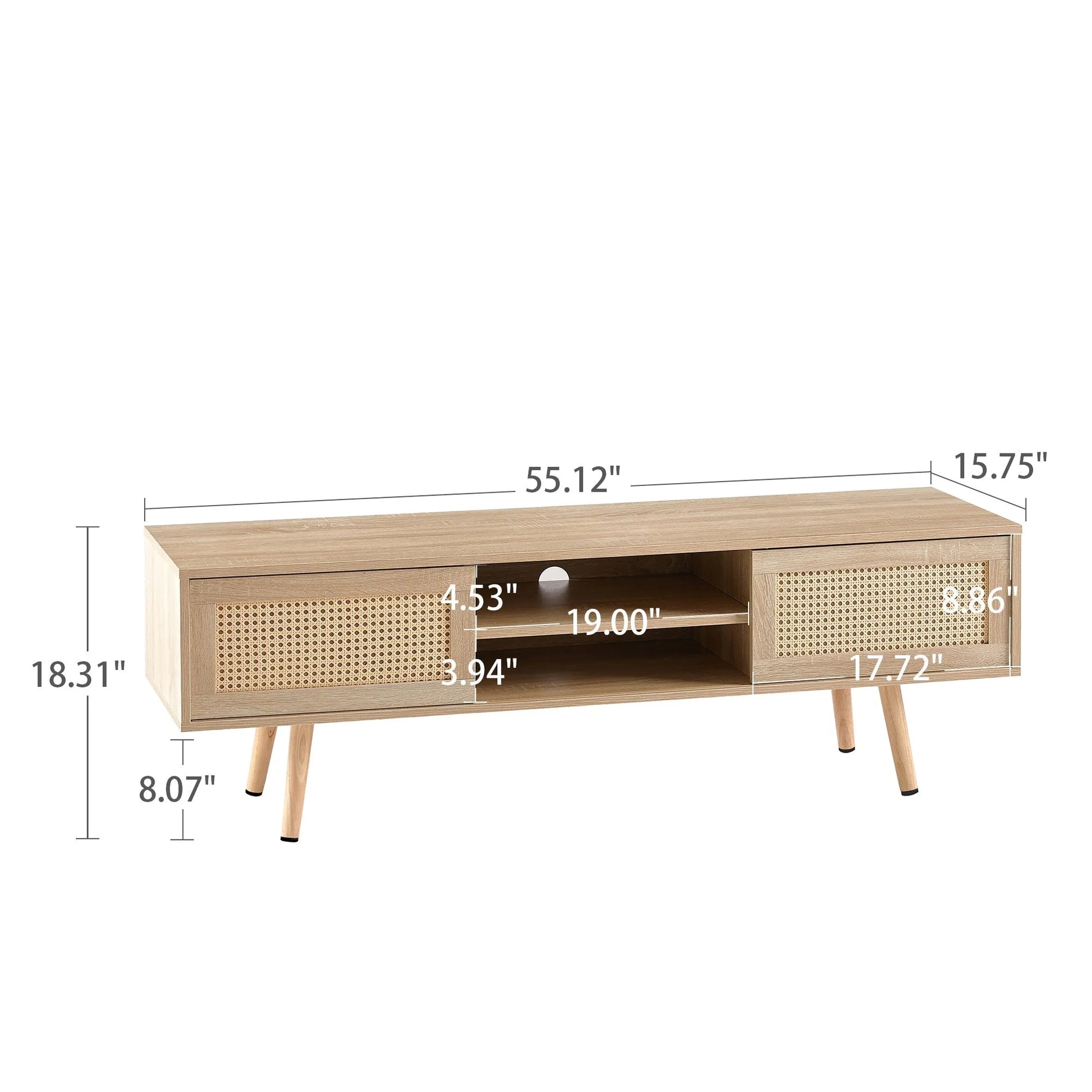 55.12" Rattan TV cabinet, double sliding doors for storage, adjustable shelf, solid wood legs, TV console for living room ,natural - Groovy Boardz