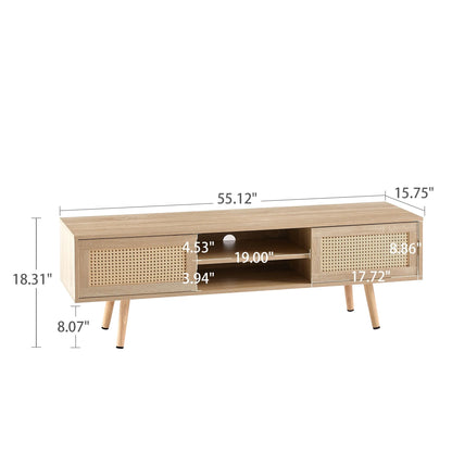 55.12" Rattan TV cabinet, double sliding doors for storage, adjustable shelf, solid wood legs, TV console for living room ,natural - Groovy Boardz