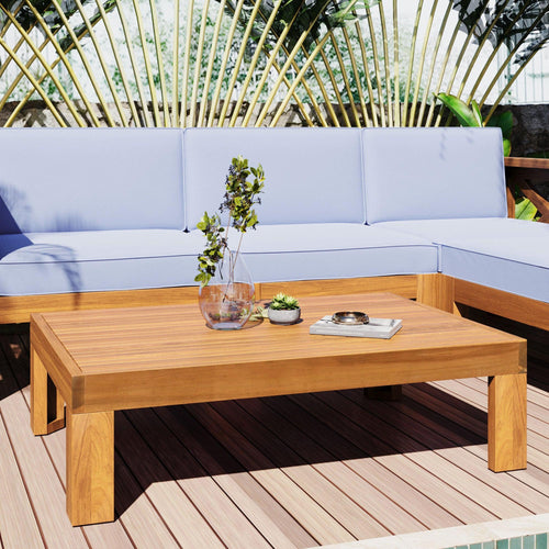 Natural Wood 5-Piece Outdoor Sectional Sofa with Cushions.