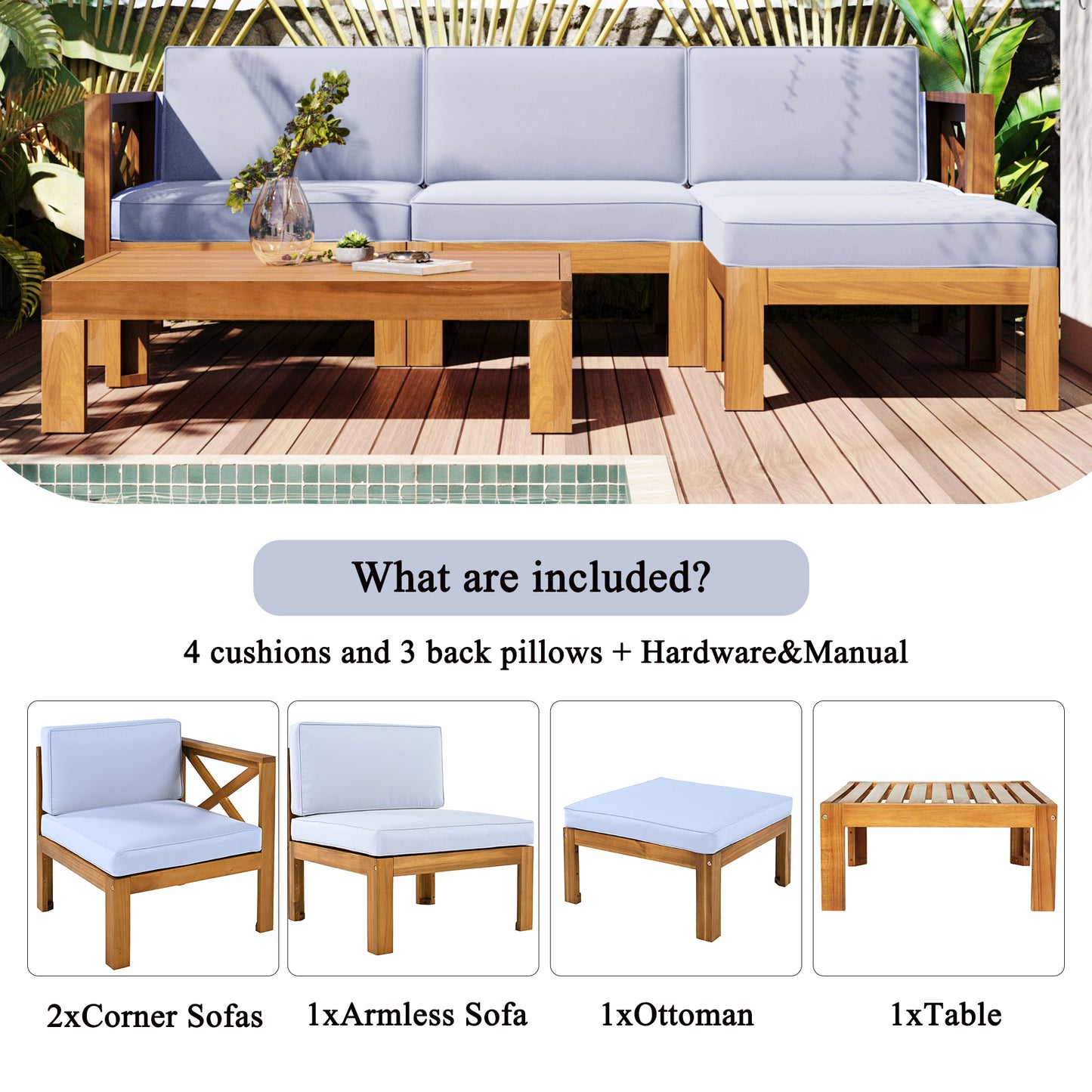 TOPMAX Outdoor Backyard Patio Wood 5-Piece Sectional Sofa Seating Group Set with Cushions, Natural Finish+ Gray Cushions