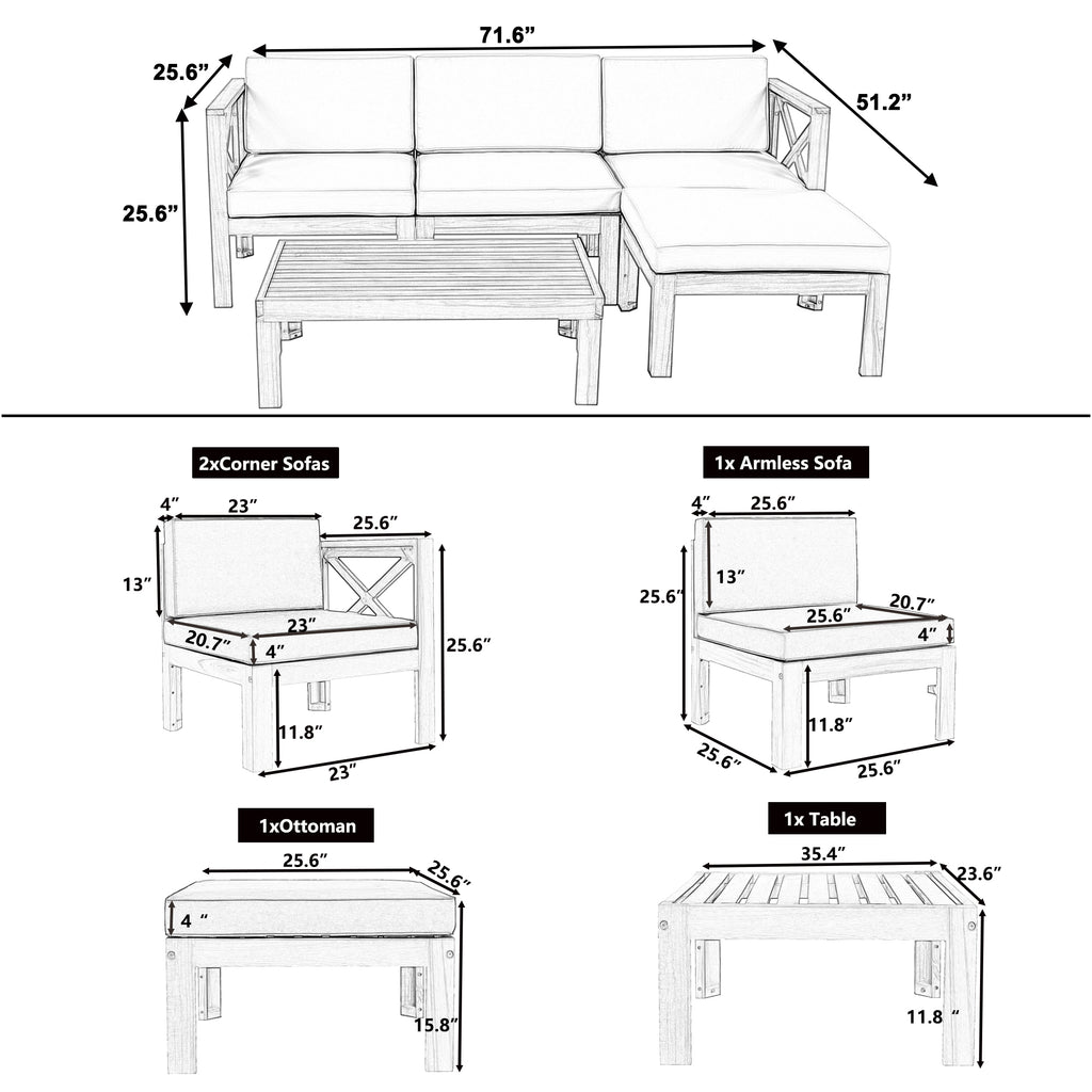 TOPMAX Outdoor Backyard Patio Wood 5-Piece Sectional Sofa Seating Group Set with Cushions, Natural Finish+ Gray Cushions