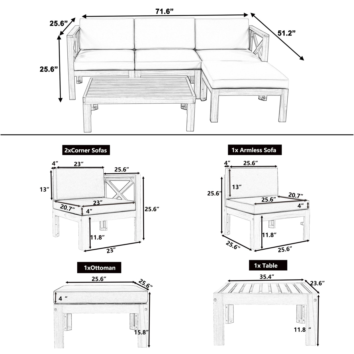 TOPMAX Outdoor Backyard Patio Wood 5-Piece Sectional Sofa Seating Group Set with Cushions, Natural Finish+ Gray Cushions