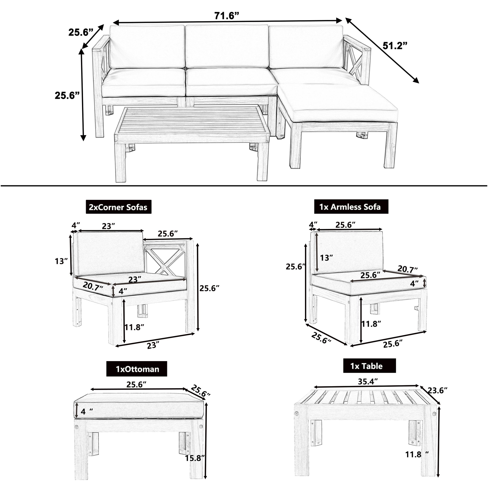 TOPMAX Outdoor Backyard Patio Wood 5-Piece Sectional Sofa Seating Group Set with Cushions, Natural Finish+ Gray Cushions