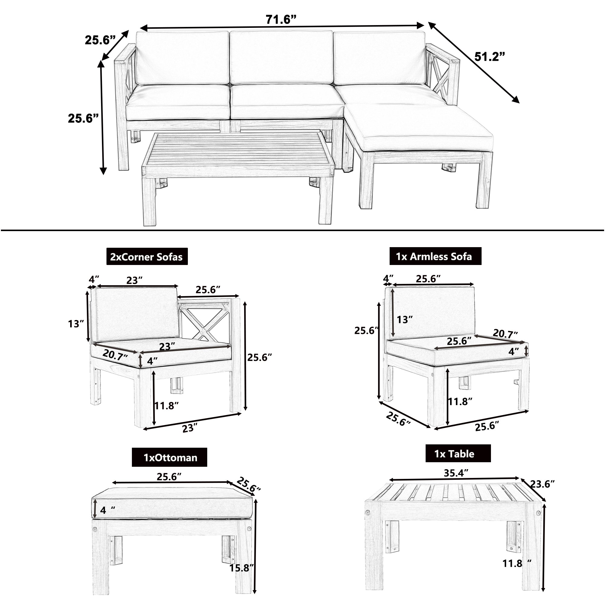 TOPMAX Outdoor Backyard Patio Wood 5-Piece Sectional Sofa Seating Group Set with Cushions, Natural Finish+ Gray Cushions