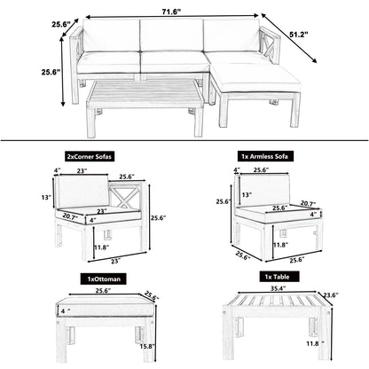 TOPMAX Outdoor Backyard Patio Wood 5-Piece Sectional Sofa Seating Group Set with Cushions, Natural Finish+ Gray Cushions
